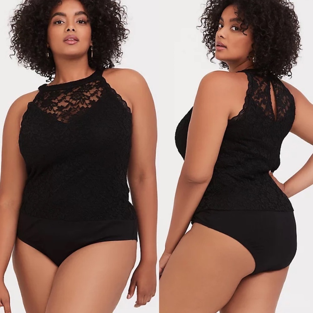 Torrid Black Lace Detail High Neck Bodysuit Size 5X Stretch Knit Romantic Boho